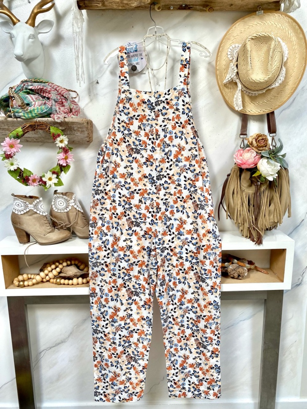 Artisan Upcycled patchwork boho floral overalls w prairie cottagecore vibe - Picture 9 of 15